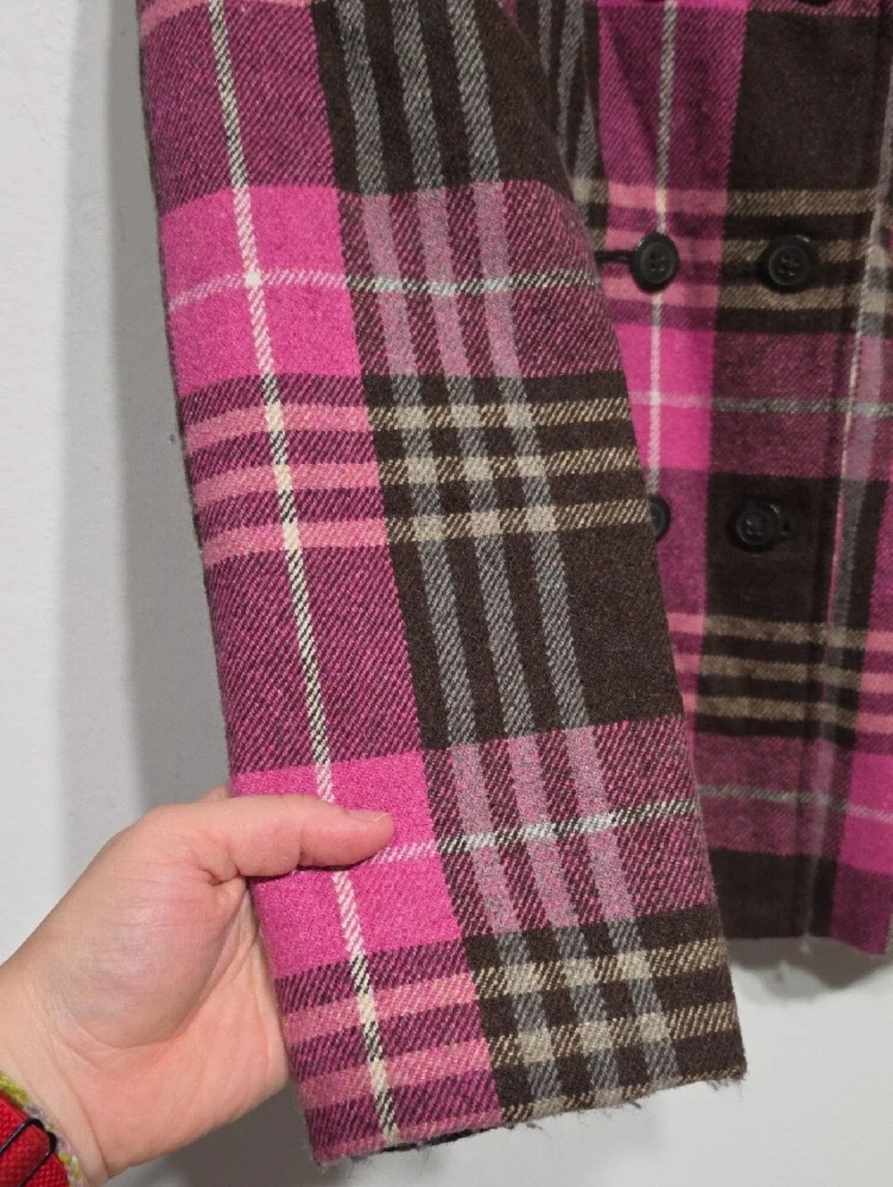 Y2k Old Navy Pink and Brown Plaid Double-Breasted Coat